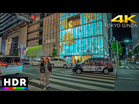 Caminhada noturna em Ginza - o sofisticado bairro comercial de Tóquio [4K HDR]