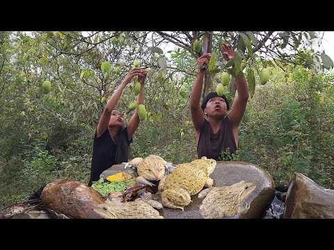 Survival skills: Catch and Cook frog with mango for food of survival, Eating delicious in jungle