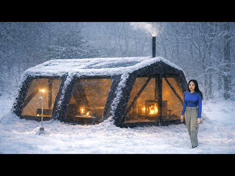 HEAVY SNOW CAMPING IN 60KG 2-ROOM LUXURTY INFLATABLE TENT ❄️ CAMPING ASMR