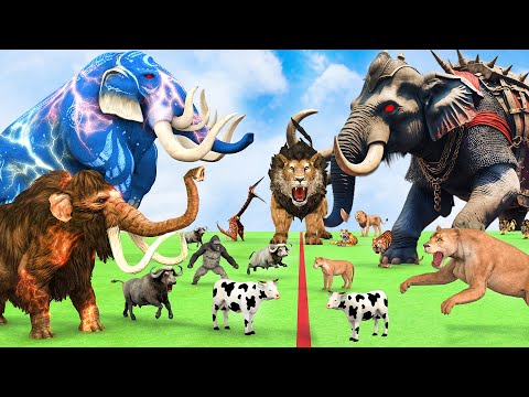 5 Giant Mammoth Elephant Cow Vs Giant Indian Elephant Vs 5 Giant Lion Tiger Saved Woolly Mammoth