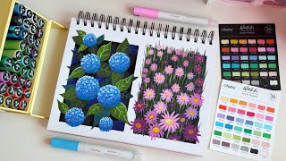 🌸 pop up flowers painting tutorial!🪻 using ohuhu waikiki 36 acrylic markers 🎀 unboxing & review 