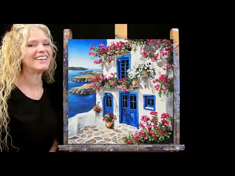 GREEK GETAWAY-Learn How to Draw and Paint with Acrylics-Easy Beginner Canvas Painting Tutorial