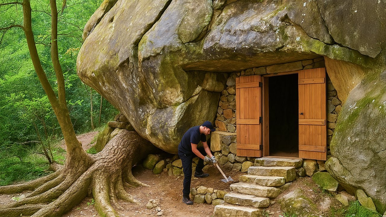 How I Chisel a Large Rock to Build a Warm Bushcraft Shelter for Surviving for 7 Days