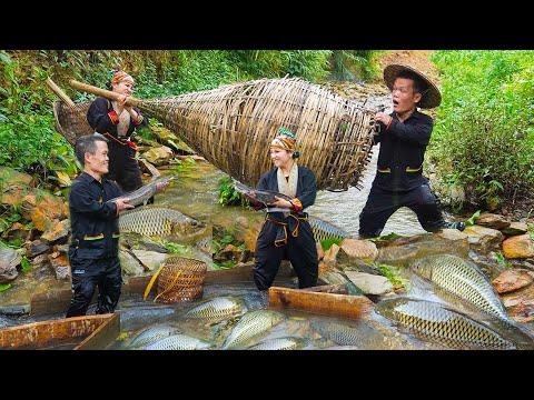 Dwarf Family Traps to Catch Fish in the Wild - Harvest and Renovate the House - Primitive Life