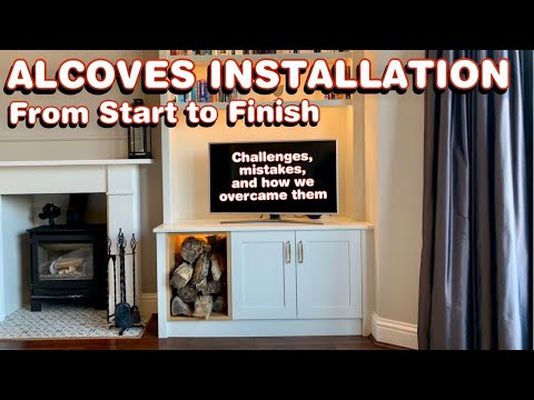 Alcoves Installation from start to finish with lighting and oak log storage features.