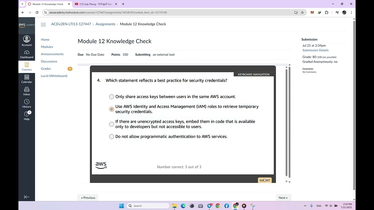 Module 12 Knowledge Check | Developing Secure Applications on AWS | AWS Academy Cloud Developing