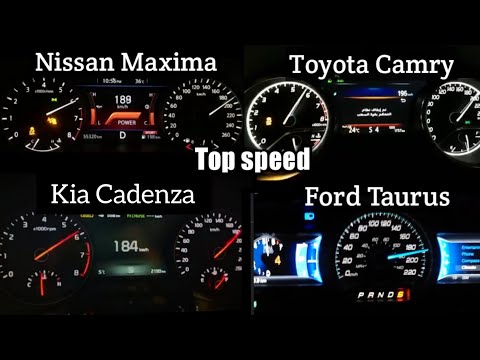 Thumbnail for Nissan Maxima Vs Toyota Camry Vs Kia Cadenza Vs Ford Taurus sho top speed comparison | 0-200 by Toyota, Toyota Camry, Nissan, Ford Taurus