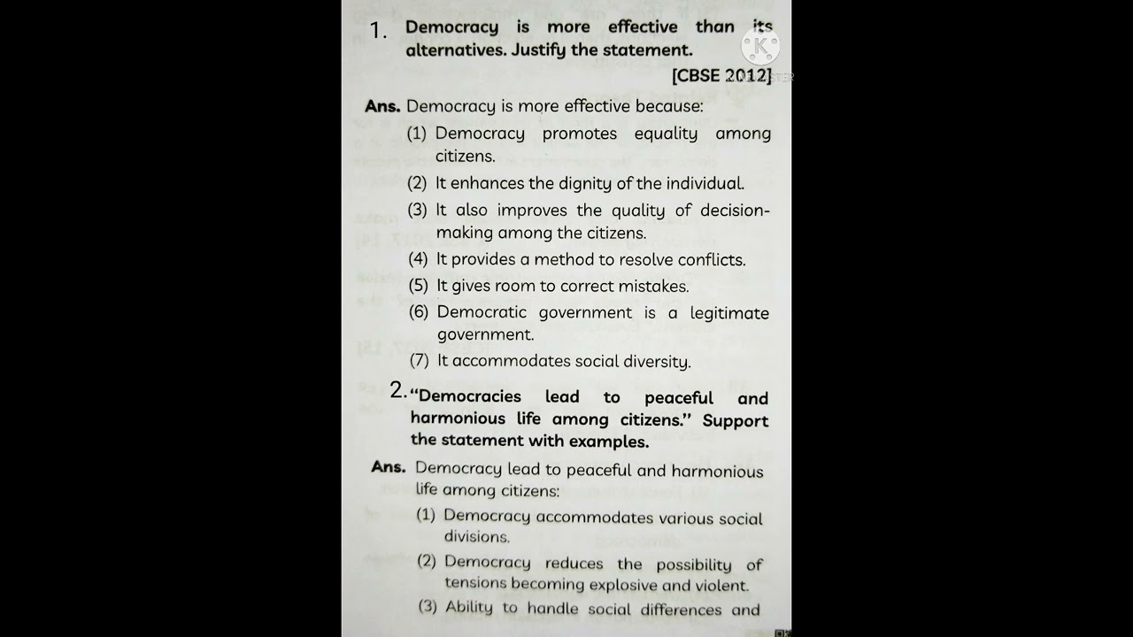 Important question of chapter Outcomes of Democracy (Democratic Politics) Class 10