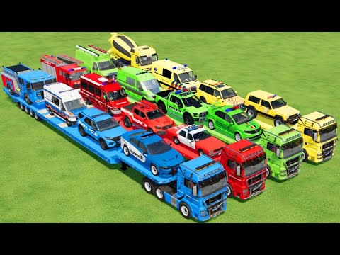 TRANSPORTING POLICE CARS, AMBULANCE, FIRE TRUCK, COLORFUL CARS WITH TRUCK  -FARMING SIMULATOR 22!