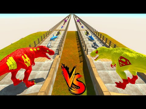YELLOW SUPERMAN T-REX vs IRON MAN T-REX RACE BATTLE COMPETITION - ARBS