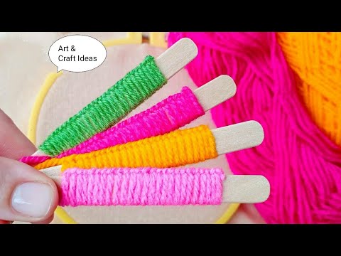 Super Easy Woolen Flower Making Trick Using Ice Cream Stick | Hand Embroidery Amazing Flower Design