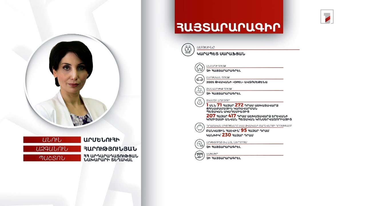 2 բնակարան, 7 մլն դրամ. ՀՀ արդարադատության նախարարի տեղակալ Արմենուհի Հարությունյանի հայտարարագիրը