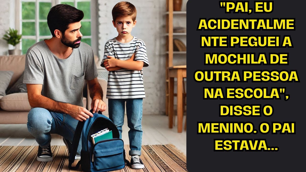 "Pai, eu acidentalmente peguei a mochila de outra pessoa na escola", disse o menino. O pai estava...