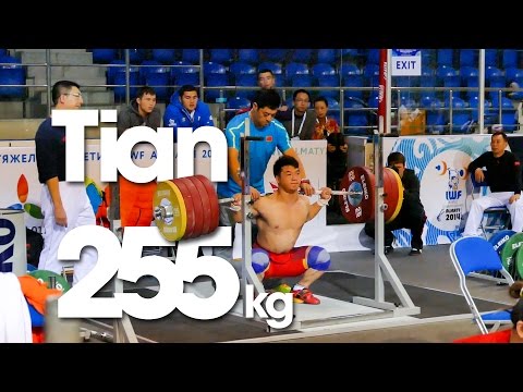 Tian Tao (85kg, China) 255 kg x2 Squat Almaty 2014 Worlds Training Hall