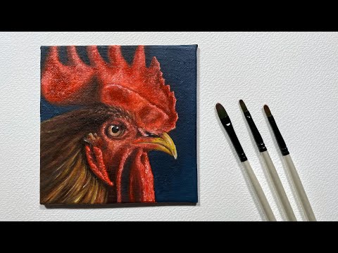Oil Painting on a Mini Canvas. Portrait of a Rooster.