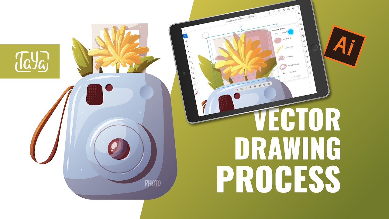Drawing a Instant Camera with Flowers | Full Vector Illustration Process
