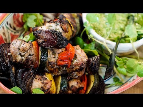 Mediterranean Chicken Skewers with Watercress Pesto