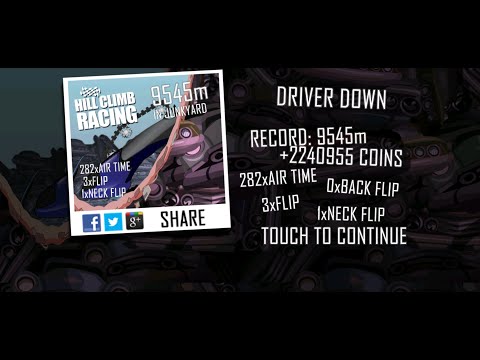 Hill Climb Racing: 9545m in Junkyard on Snow Mobile (no boosters, no pets)