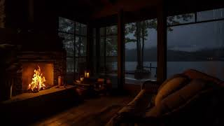 Rain Falling by the Lake | Warm Cabin Fireplace for Calm Nights and Better Sleep