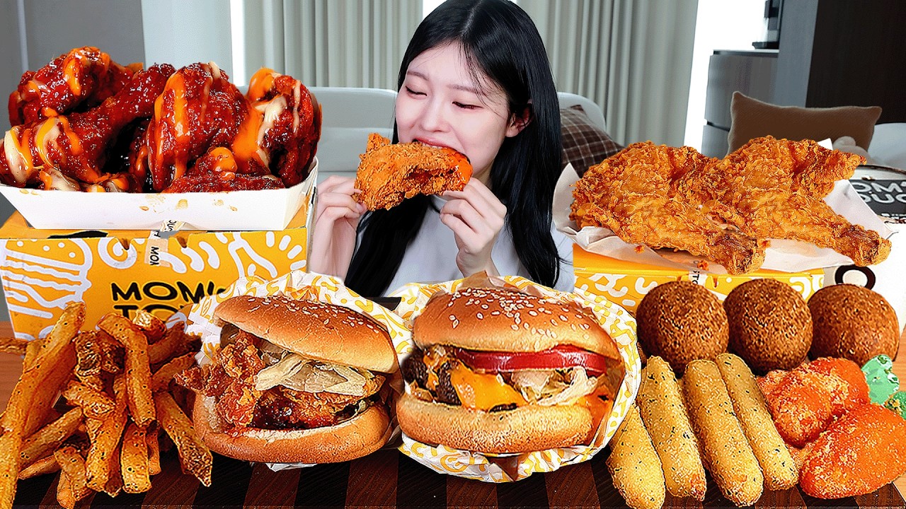 ASMR MUKBANG| 맘스터치 양념치킨 치킨버거 후라이드 치킨 먹방 & 레시피 FRIED CHICKEN AND CHEESE BURGER EATING
