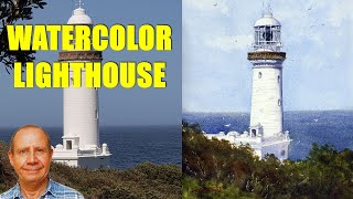 How to watercolor painting tutorial of a lighthouse. Watercolour painting and drawing lesson.