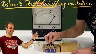 Reihen- und Parallelschaltung von Batterien  -   (Spannungsquellen)