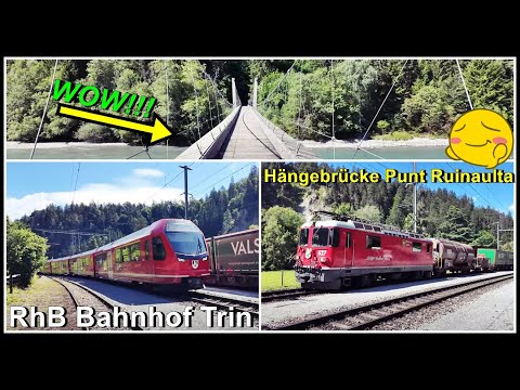 Wunderschöner RhB Bahnhof Trin mit Bahnübergang und Hängebrücke Punt Ruinaulta
