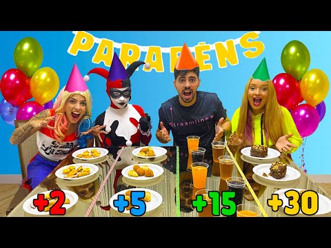 QUEM COMER MAIS COMIDA DE ANIVERSÁRIO GANHA VS ARLEQUINA E A IRMÃ MALVADA NO DIA DO MEU ANIVERSÁRIO!