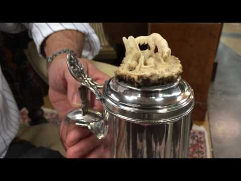 Antique German Crystal, 800 Silver and Finely Carved Antler Beer Stein 1/2 Liter