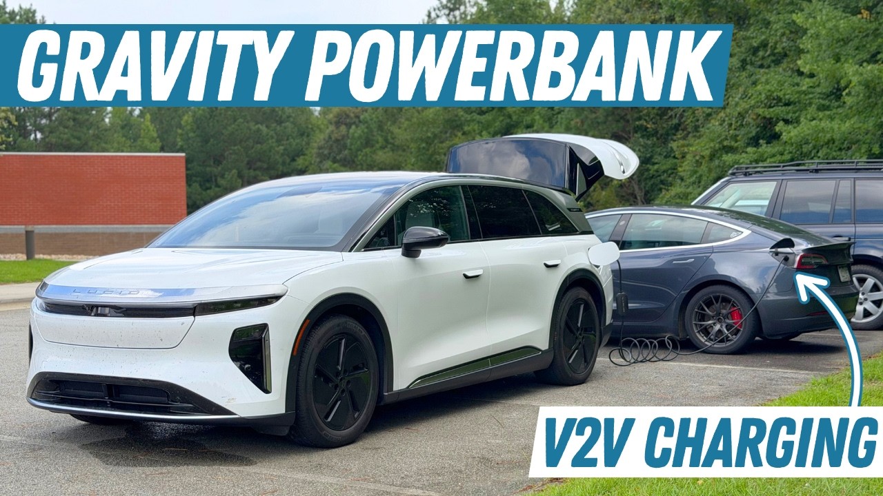 Lucid Gravity connected by cable to a Tesla Model 3 for vehicle to vehicle charging