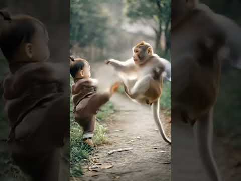 Baby fight with monkey video