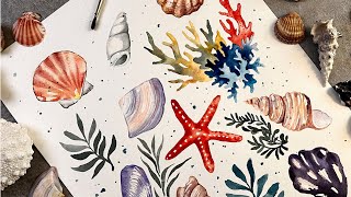 Watercolor Painting, Sea Shells and Corals
