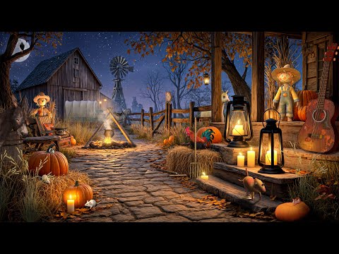 Cozy Pumpkin Farm Night Ambience 🎃Relaxing Autumn Campfire, Crunchy Leaves & Midnight White Noise 🍂