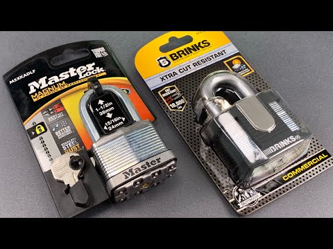 Part of a video titled [952] Master Lock vs. Brinks — 50mm Laminated Steel Padlocks - YouTube