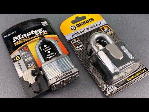 Part of a video titled [952] Master Lock vs. Brinks — 50mm Laminated Steel Padlocks - YouTube