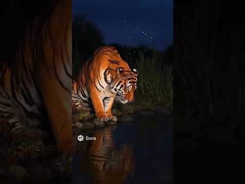 Do Tigers Also Watch Fireflies at Night? ✨#Tiger, #Fireflies, #Nature