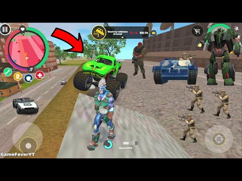 Rope Hero: Vice Town - (Green Monster Truck Climb up Police Car) Army Base  - Android Gameplay HD
