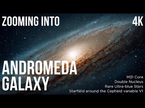Zooming into the Andromeda Galaxy: Journey to the Center, Double Nucleus, Blue Stars and Starfield