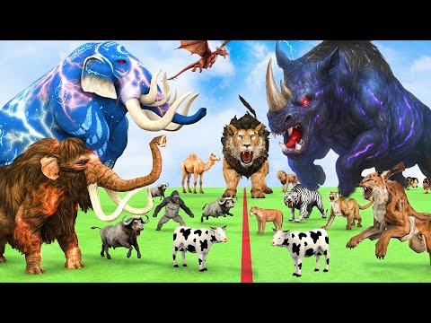 5 Giant Mammoth Elephant Cow Vs Giant Indian Rhino Vs 5 Giant Lion Tiger Saved By Woolly Mammoth