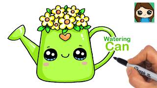 How to Draw a Watering Can with Flowers | Cute Spring Art