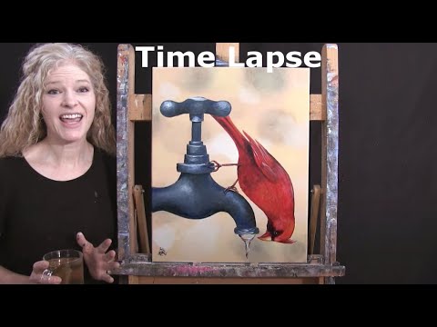 How to Draw and Paint "Thirsty Cardinal" - TIME LAPSE CANVAS PAINTING Beginner Acrylic Tutorial