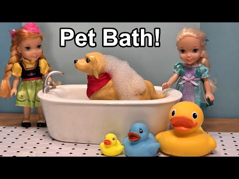 Pet Bath ! Elsa & Anna toddlers - muddy dog & cat - bubbles shampoo