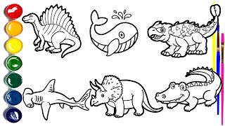 How to Draw Wild Animals for Kids 🦕🦖🐉🐋🦈🐊 | Easy Step-by-Step Drawing Tutorial