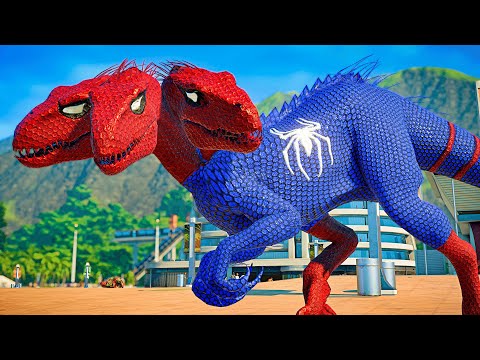 Spiderman Indoraptor Vs Tyrannosaurus Rex, Ironman Giganotosaurus Jurassic World Dinosaurs Fight