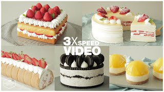#109 3x Speed 케이크 디저트 베이킹 영상 : Cake Dessert Baking Video | 딸기 크레이프 케이크, 노오븐 치즈케이크 | Cooking tree