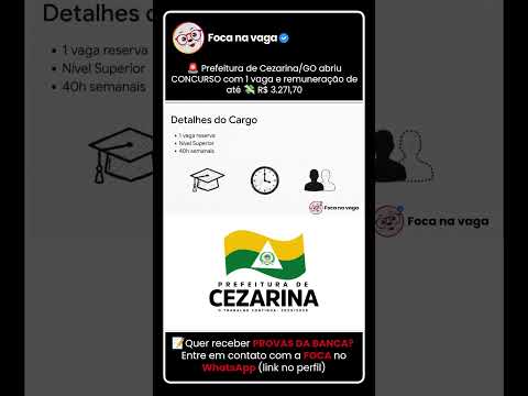 PREFEITURA DE CEZARINA/GO: EDITAL DE CONCURSO PÚBLICO PUBLICADO!