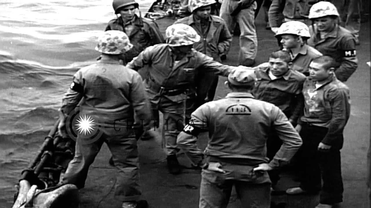 Japanese prisoners being guarded by US Marines aboard a ship off the coast of Iwo...HD Stock Footage