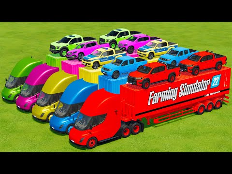 TRANSPORTING TOYOTA, NISSAN, FORD & MERCEDES CARS WITH TESLA TRUCKS - Farming Simulator 22