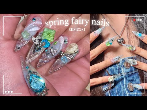 fairy nails  🩵💛🧚🏻 spring nails, 3D nail art, crystal nails ✨