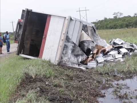 Truck Loaded with Office Appliances Overturns on George Price Highway